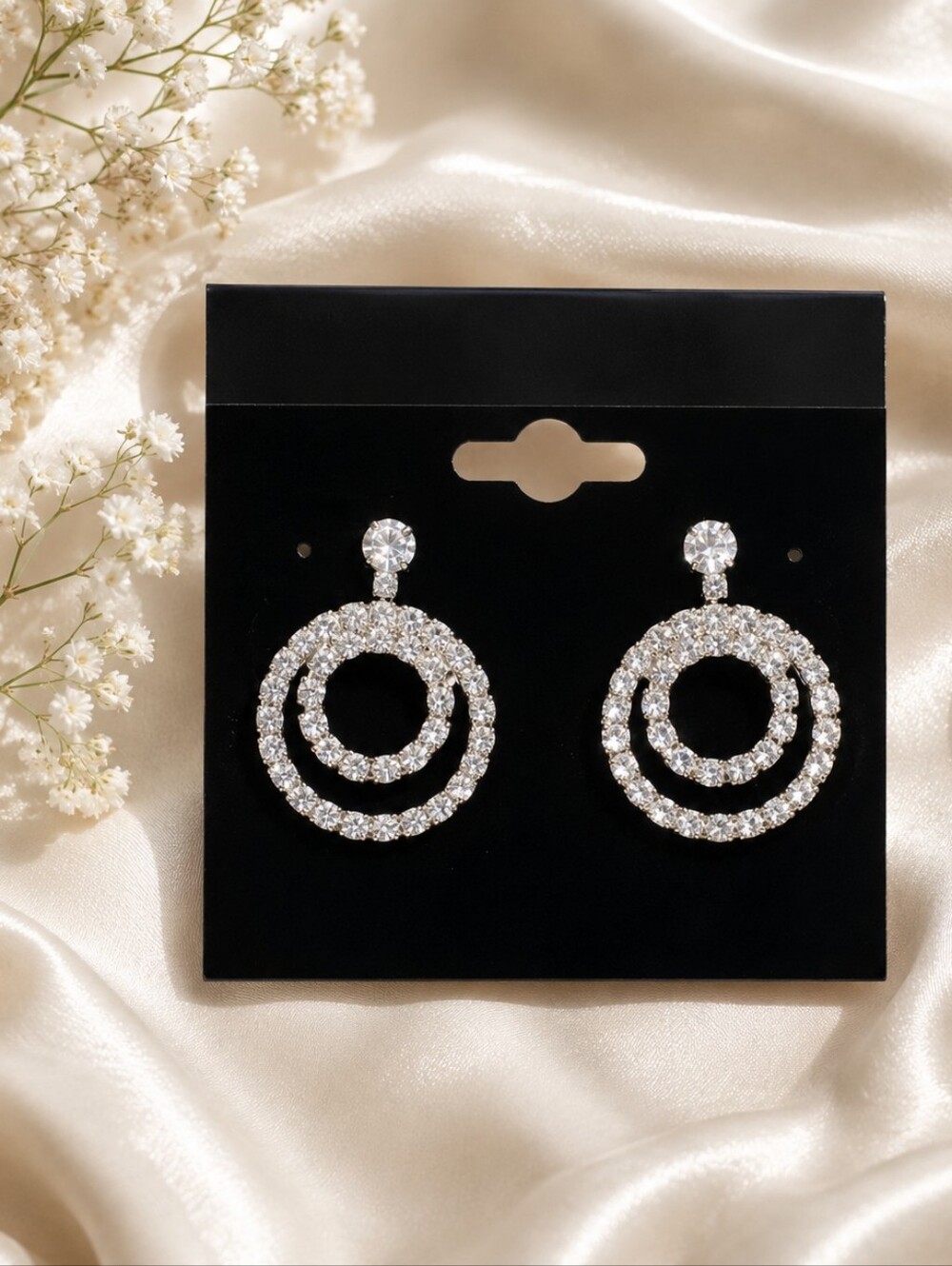 Sparkling Double Circle Rhinestone Drop Earrings | Silver Tone Statement Earring